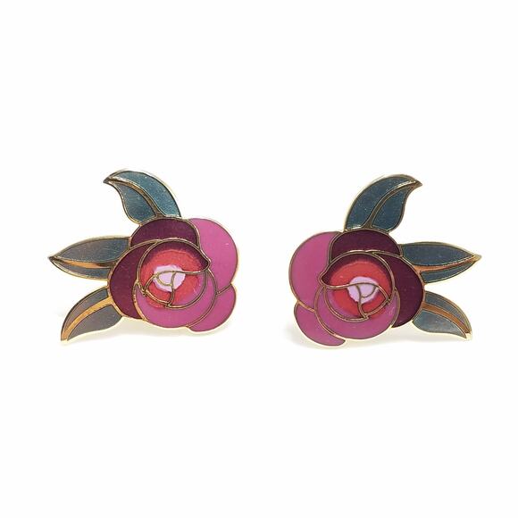 Vintage Laurel Burch "Deco Rose" Earrings, Gold Cloisonne Posts, Gold Plated - Picture 10 of 10